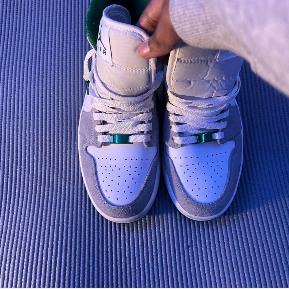 Stylish White and Gray Sneakers with Green Accents